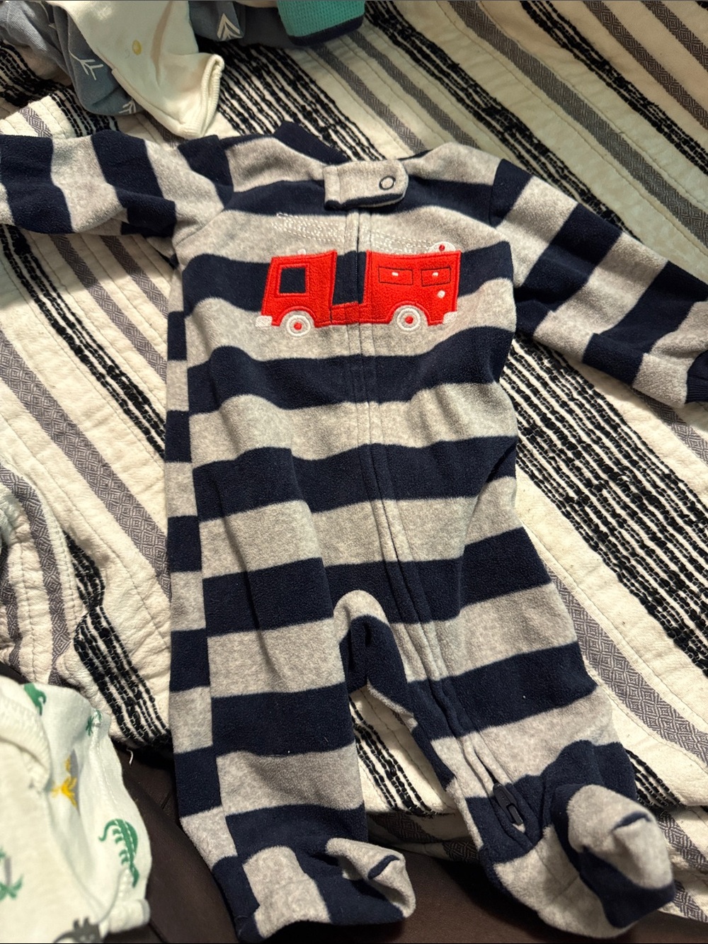 Carter's Navy and Gray Striped Footed One-Piece with Red Fire Truck